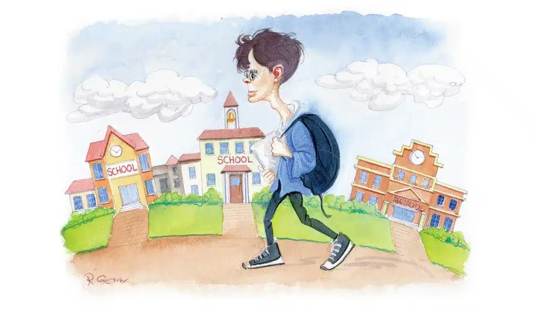 Cartoon student with backpack walking toward school buildings.